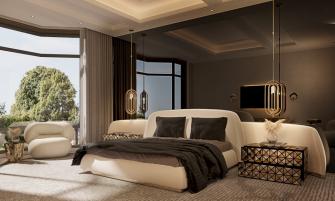 Spacious contemporary bedroom with a curved cream bed frame, geometric nightstands, hanging pendant lights, and large windows overlooking greenery.